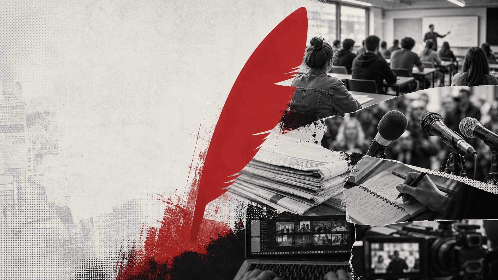 Colagem editorial sobre ensino, pesquisa e jornalismo